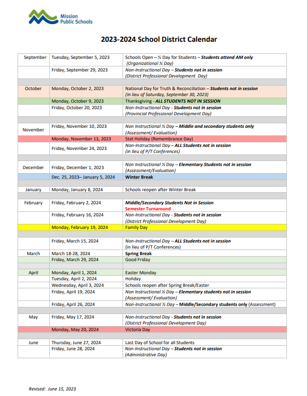 District School Calendar Hatzic Elementary